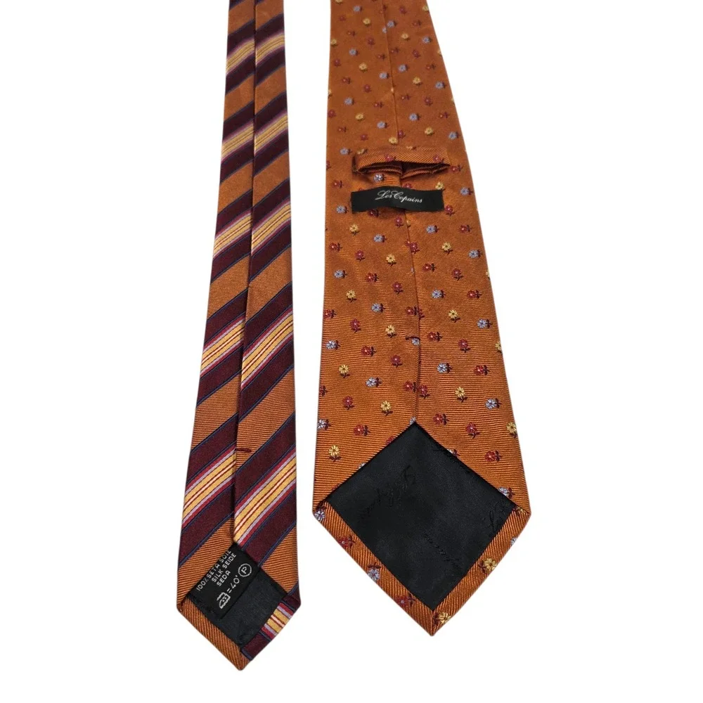 Les Copains Mens Necktie‎ Orange Silk Floral Striped Embroidered Long Luxury